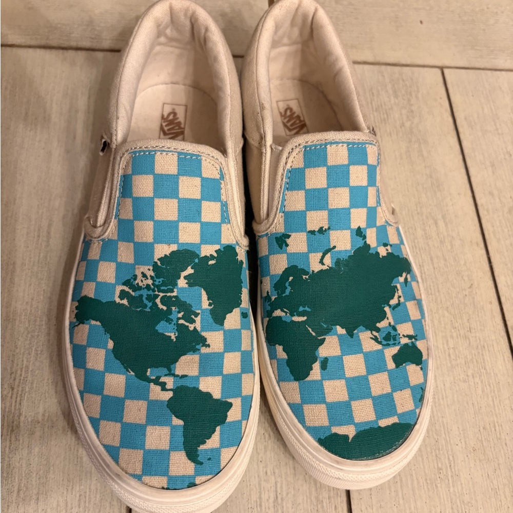 Vans Kids' Teal and White Checkered World Map Sneakers